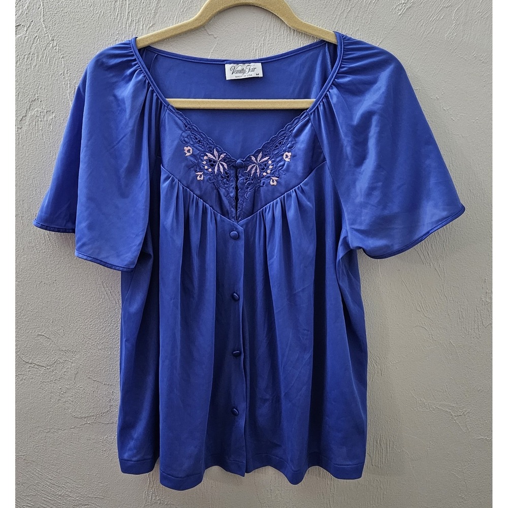 Vanity Fair Size Medium Blue Purple Silky Button Top Embroidered Flowers Pajama
